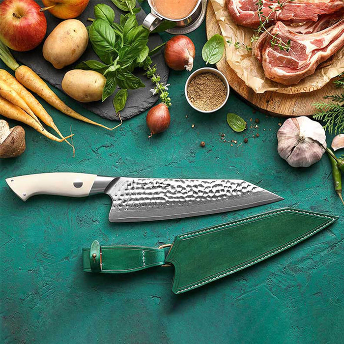  Hezhen b38h Damascus chef knife white g10 handle