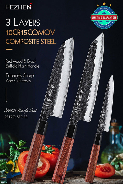 Hezhen PM8S 3 Pcs Chef Santoku and Utility Knife Set