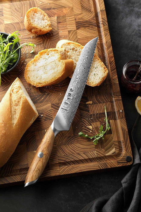 Hezhen X01 Flagship Series 73 Layer Damascus Bread Knife with Olive Wood Handle Open Box
