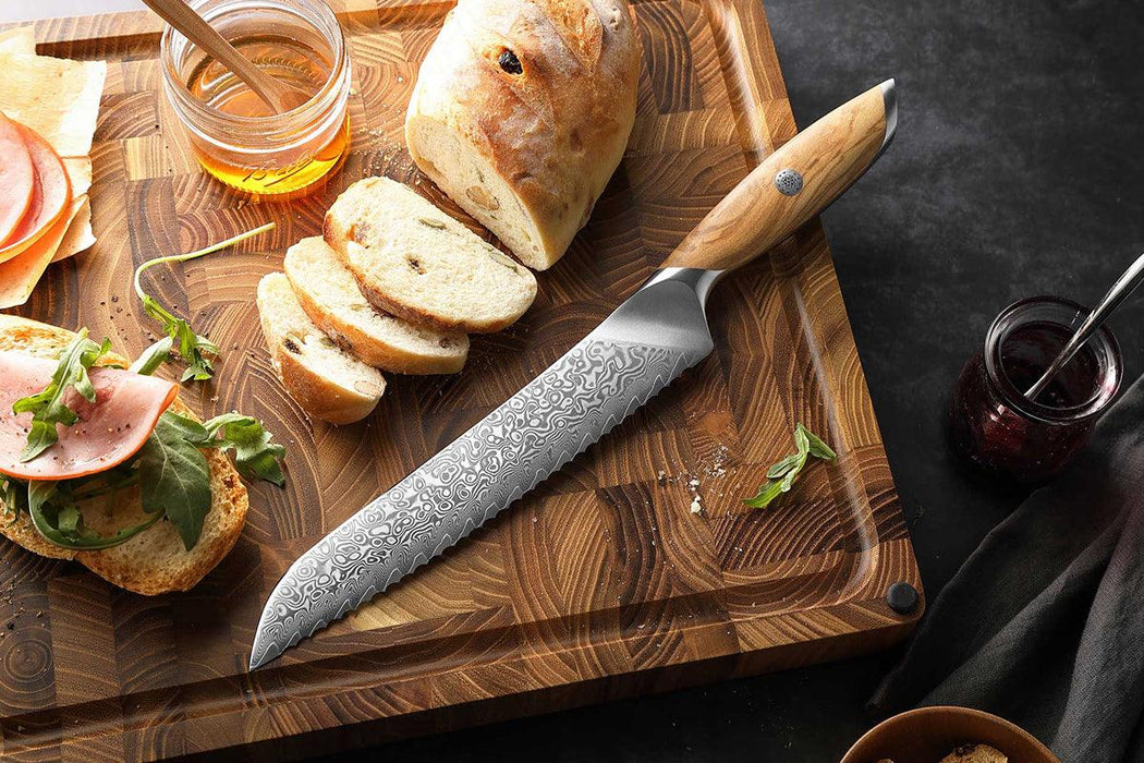 Hezhen X01 Flagship Series 73 Layer Damascus Bread Knife with Olive Wood Handle Open Box