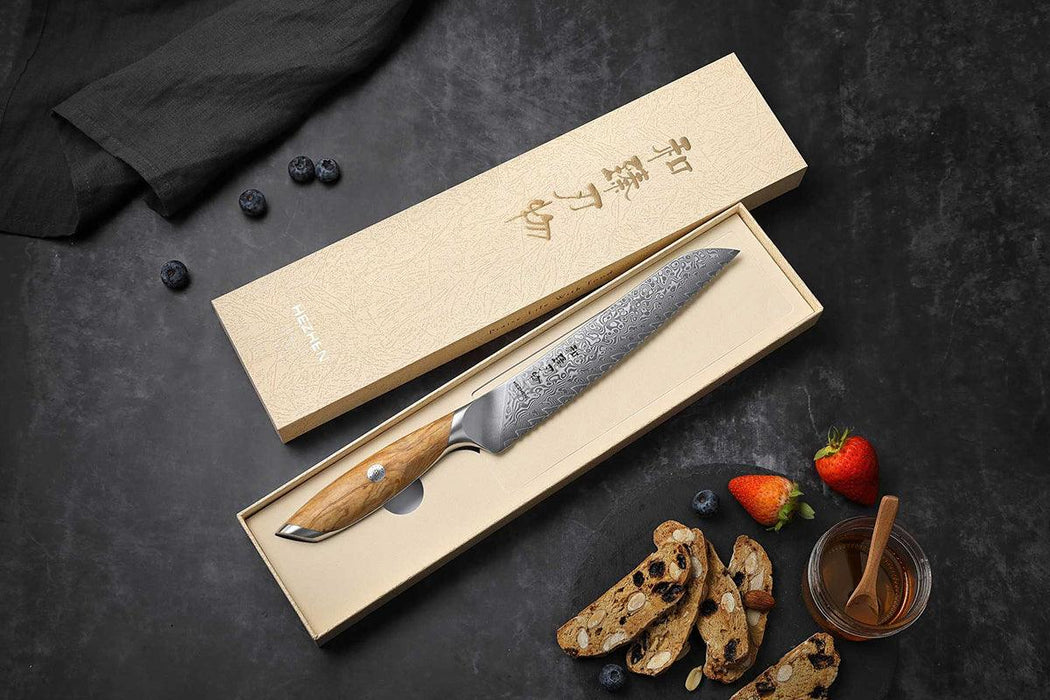 Hezhen X01 Flagship Series 73 Layer Damascus Bread Knife with Olive Wood Handle Open Box