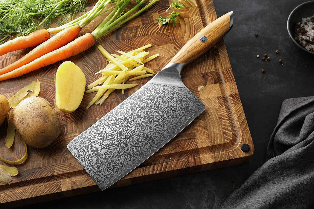 Hezhen X01 Flagship Series 73 Layer Damascus Cleaver Knife with Olive Wood Handle