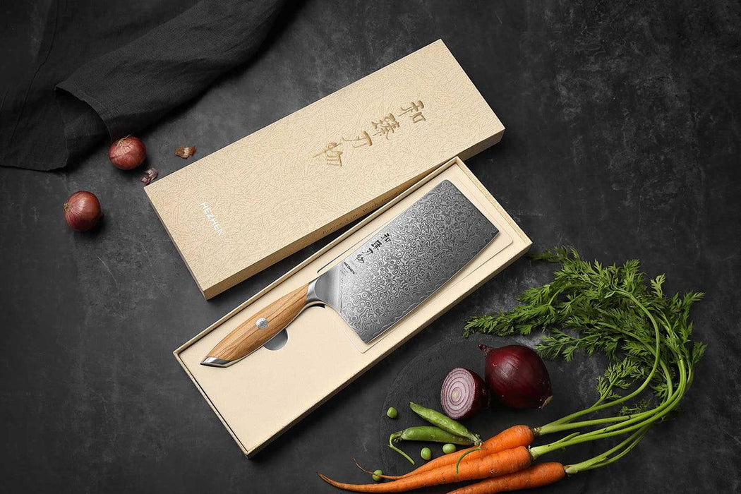 Hezhen X01 Flagship Series 73 Layer Damascus Cleaver Knife with Olive Wood Handle