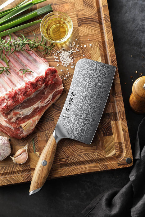 Hezhen X01 Flagship Series 67 Layer Full Tang Raindrop Damascus Steel Meat Cleaver Knife with Olive Wood Handle