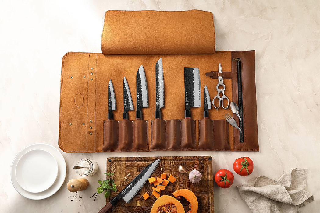 Hezhen High-Quality Full Grain Crazy Horse Leather Professional Chef Roll Bag 8 Slots 1 Zipper Pouch