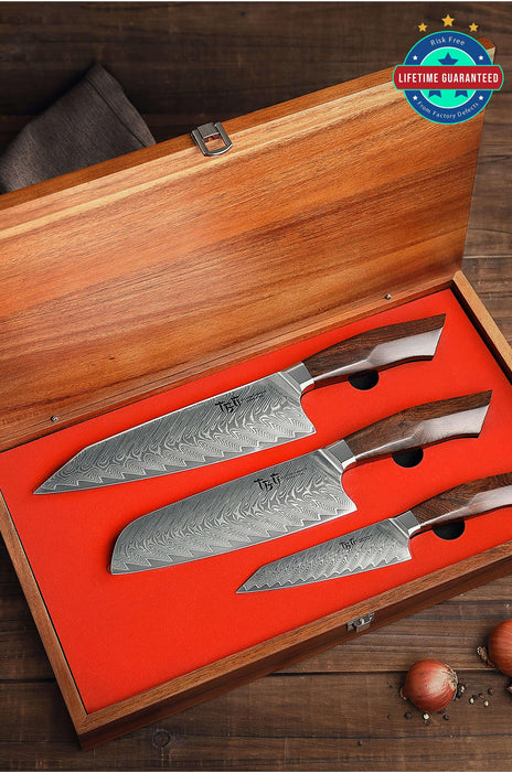 TBG 3 Knife Set Japanese Damascus Stainless Steel Kitchen Chef Santoku Utility - The Bamboo Guy