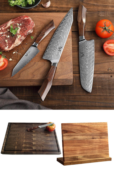 Damascus 3 Piece Knife Set - Walnut Cutting Board - Magnetic Knife Board