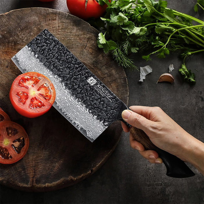 Xinzuo X06 67 Layers Damascus Steel Cleaver Knife Burnt White Oak Handles
