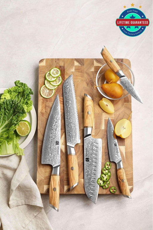 XINZUO B37 5 pcs Knife Set with Olive Wood + Copper Flower Nails Damascus Steel Open Box
