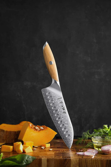 Hezhen X01 Flagship Series 73 Layer Damascus Santoku Knife with Olive Wood Handle Open Box