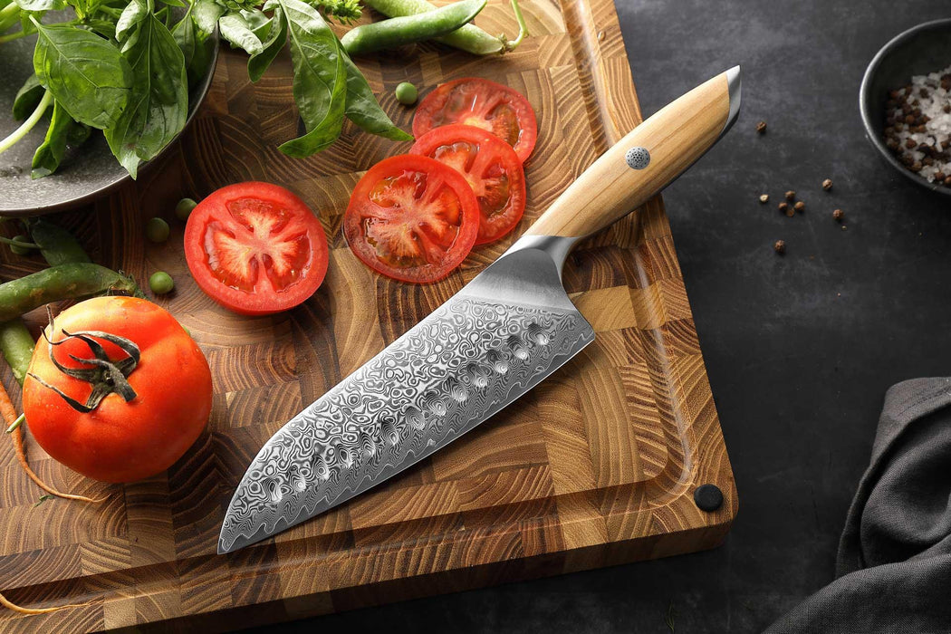 Hezhen X01 Flagship Series 73 Layer Damascus Santoku Knife with Olive Wood Handle Open Box
