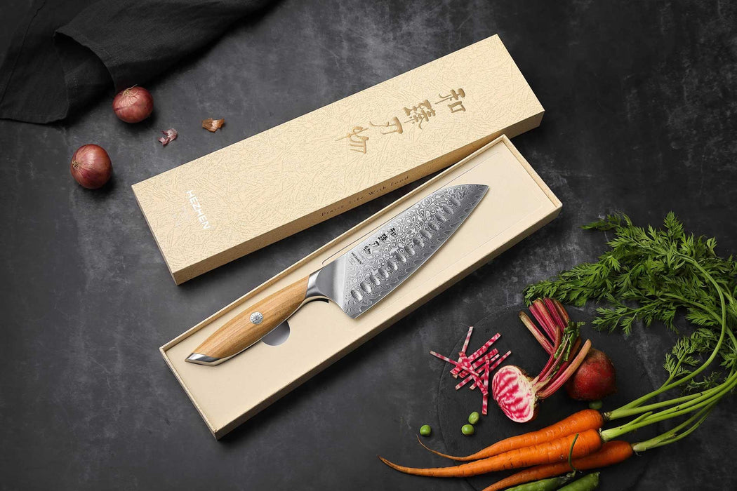 Hezhen X01 Flagship Series 73 Layer Damascus Santoku Knife with Olive Wood Handle Open Box