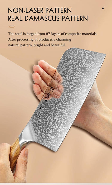 Hezhen X01 Flagship Series 67 Layer Full Tang Raindrop Damascus Steel Meat Cleaver Knife with Olive Wood Handle