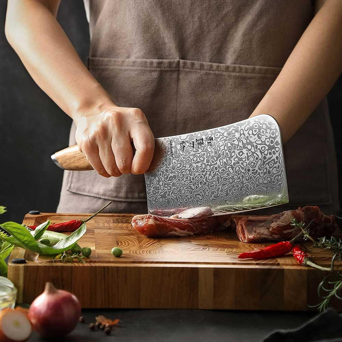 Hezhen X01 Flagship Series 67 Layer Full Tang Raindrop Damascus Steel Meat Cleaver Knife with Olive Wood Handle