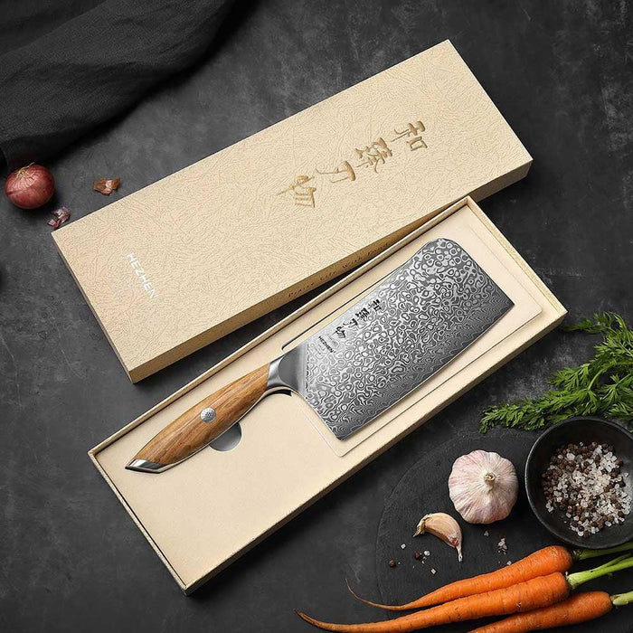 Hezhen X01 Flagship Series 67 Layer Full Tang Raindrop Damascus Steel Meat Cleaver Knife with Olive Wood Handle