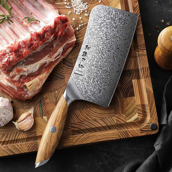 Hezhen X01 Flagship Series 67 Layer Full Tang Raindrop Damascus Steel Meat Cleaver Knife with Olive Wood Handle