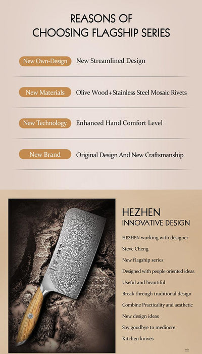 Hezhen X01 Flagship Series 67 Layer Full Tang Raindrop Damascus Steel Meat Cleaver Knife with Olive Wood Handle