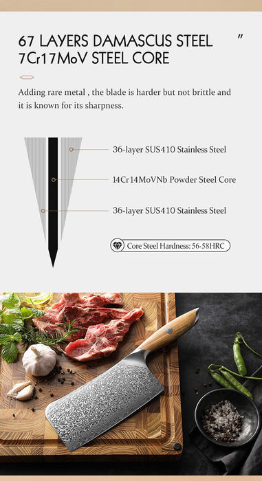 Hezhen X01 Flagship Series 67 Layer Full Tang Raindrop Damascus Steel Meat Cleaver Knife with Olive Wood Handle