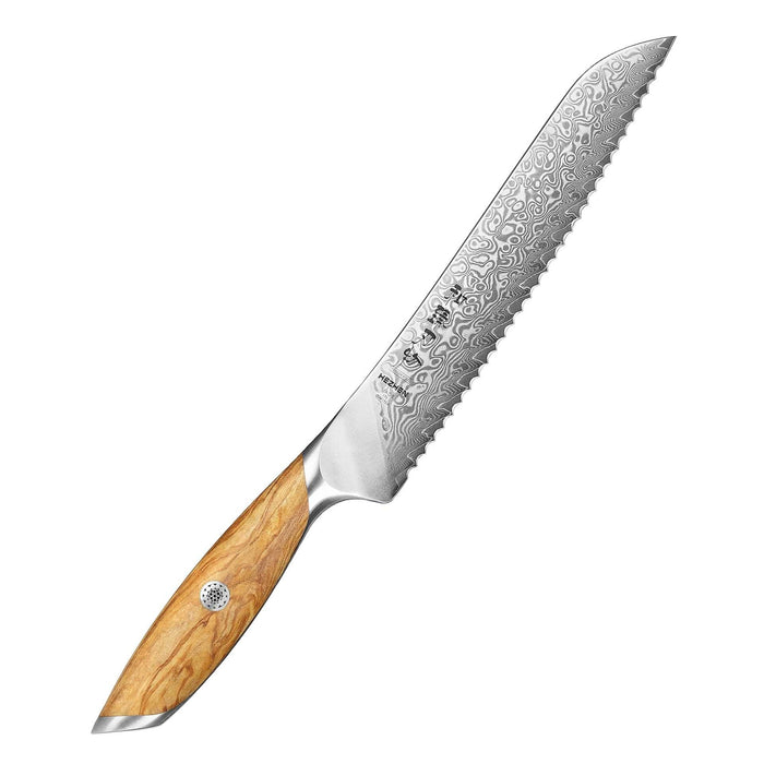 Hezhen X01 Flagship Series 73 Layer Damascus Bread Knife with Olive Wood Handle Open Box