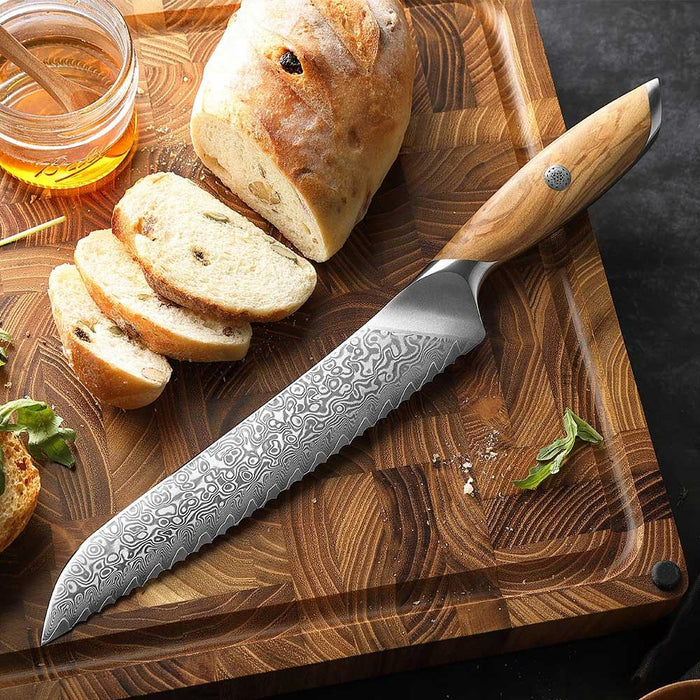 Hezhen X01 Flagship Series 73 Layer Damascus Bread Knife with Olive Wood Handle Open Box
