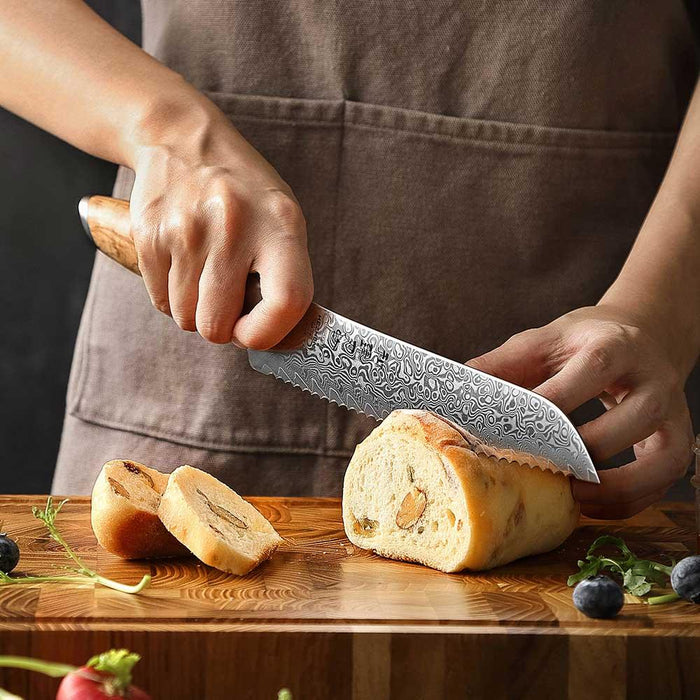 Hezhen X01 Flagship Series 73 Layer Damascus Bread Knife with Olive Wood Handle Open Box