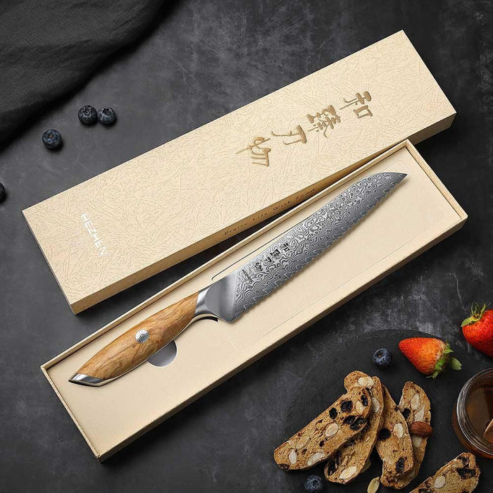 Hezhen X01 Flagship Series 73 Layer Damascus Bread Knife with Olive Wood Handle Open Box