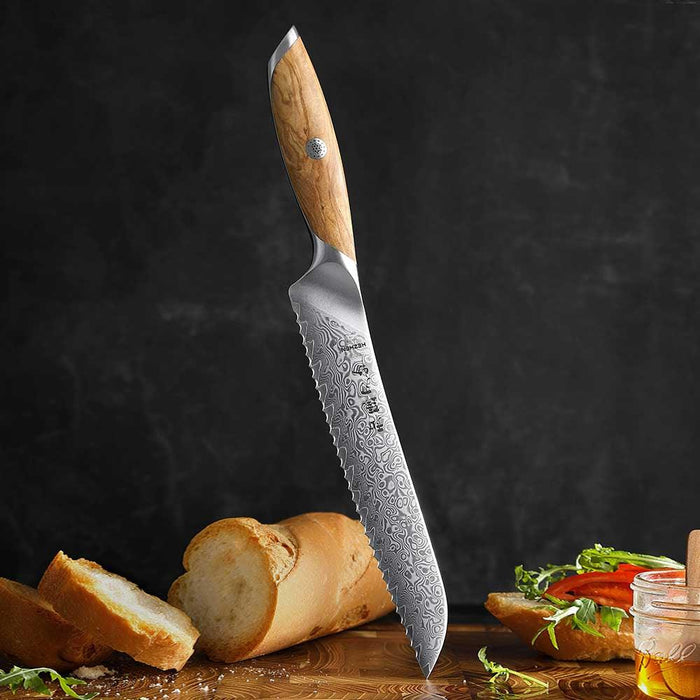 Hezhen X01 Flagship Series 73 Layer Damascus Bread Knife with Olive Wood Handle Open Box