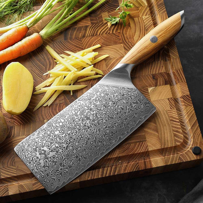 Hezhen X01 Flagship Series 73 Layer Damascus Cleaver Knife with Olive Wood Handle