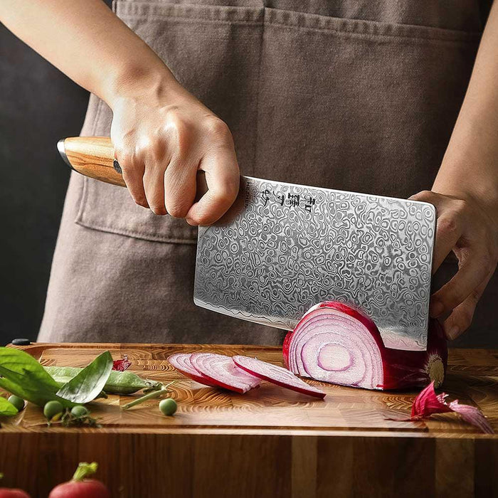 Hezhen X01 Flagship Series 73 Layer Damascus Cleaver Knife with Olive Wood Handle