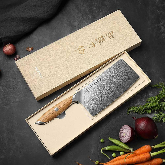 Hezhen X01 Flagship Series 73 Layer Damascus Cleaver Knife with Olive Wood Handle