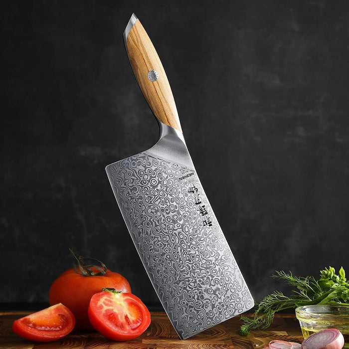Hezhen X01 Flagship Series 73 Layer Damascus Cleaver Knife with Olive Wood Handle