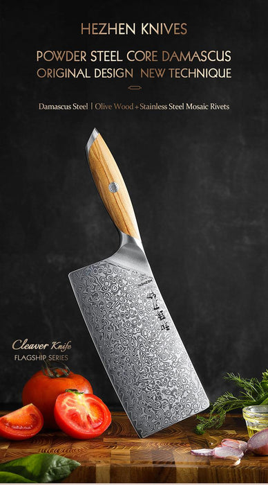 Hezhen X01 Flagship Series 73 Layer Damascus Cleaver Knife with Olive Wood Handle