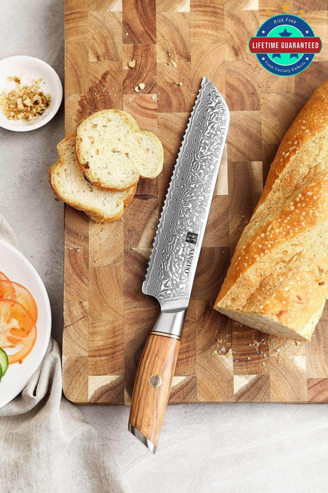 Xinxuo B37 Japanese Damascus Steel 73 Layers Powder Steel Kitchen Bread Knife - The Bamboo Guy