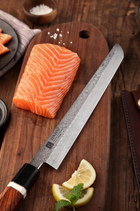 Xinzou F3 110 Layer High Carbon Damascus Steel Sakimura Kitchen Knife with G10 and Desert Iron Wood Handle - The Bamboo Guy