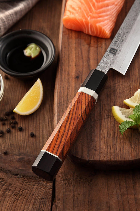 Xinzou F3 110 Layer High Carbon Damascus Steel Sakimura Kitchen Knife with G10 and Desert Iron Wood Handle - The Bamboo Guy