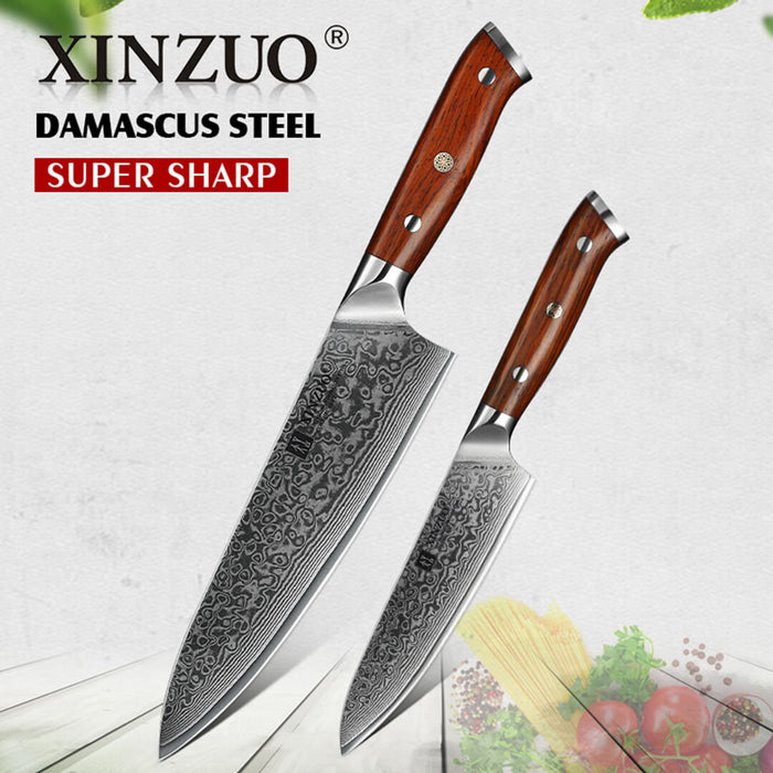 Xinzuo B13R 2 Pcs 67 Layer Japanese Damascus Chef and Utility Knife Set Rosewood