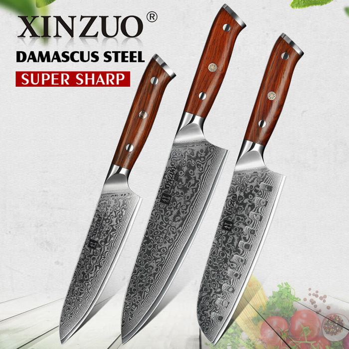 3 Pcs 67 Layer Damascus Steel Chef, Santoku, and Utility Knife set