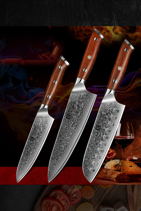 Xinzuo B13R 3 Pcs 67 Layer Damascus Steel Chef, Santoku, and Utility Knife set