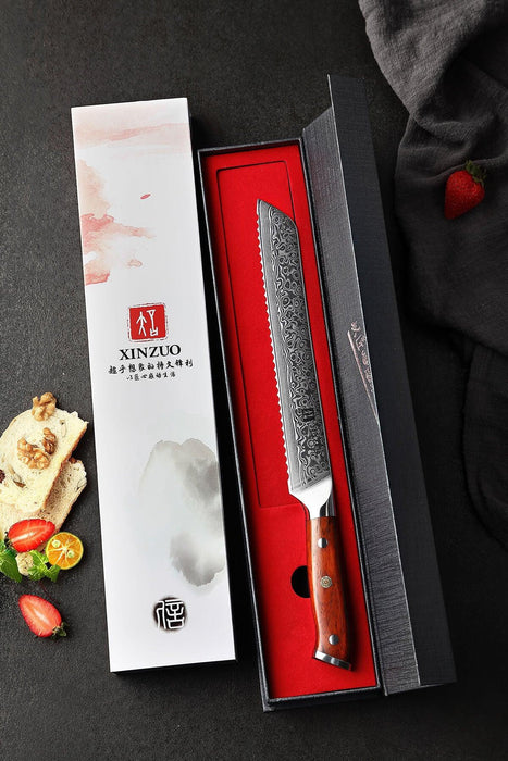 B13R 67 Layer VG10 Japanese Damascus Bread Knife with Rose Wood Handles