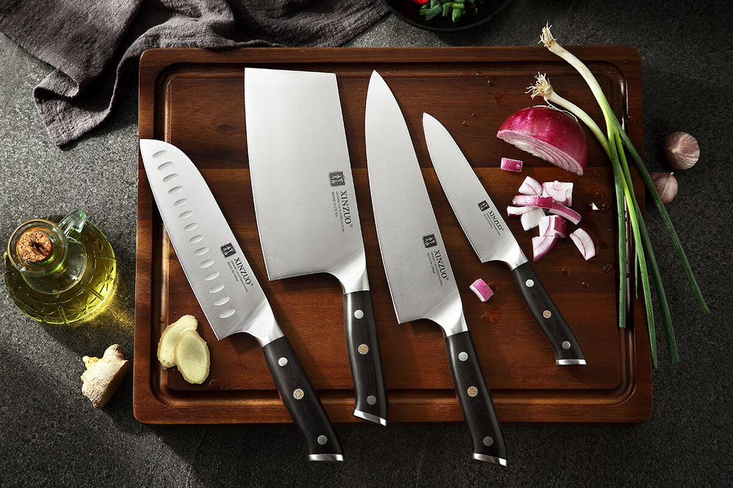 Xinzuo B13S 4 Pcs Kitchen Knife Set German High Carbon Steel Chef, Utility, Cleaver, and Bone Chopper with Ebony Handles