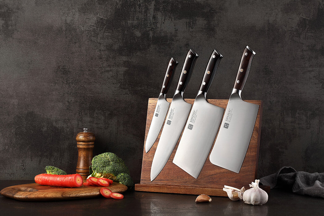 Xinzuo B13S 4 Pcs Kitchen Knife Set German High Carbon Steel Chef, Utility, Cleaver, and Bone Chopper with Ebony Handles