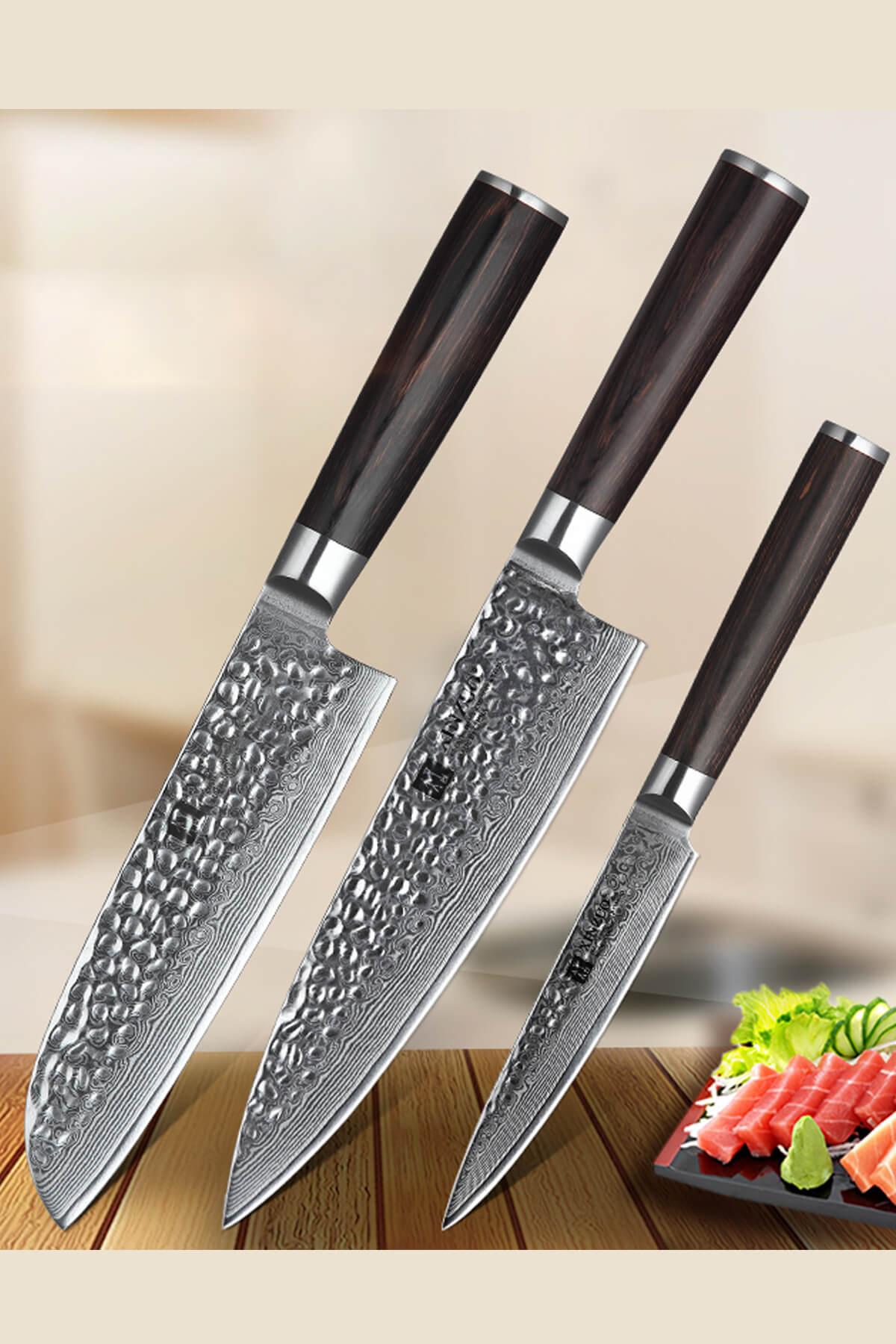 Xinzuo B1H 3 Pcs 67 Layer Damascus Steel Knife Set with Pakka Wood Xinzuo B1H 3 Pcs 67 Layer Damascus Steel Knife Set with Pakka Wood