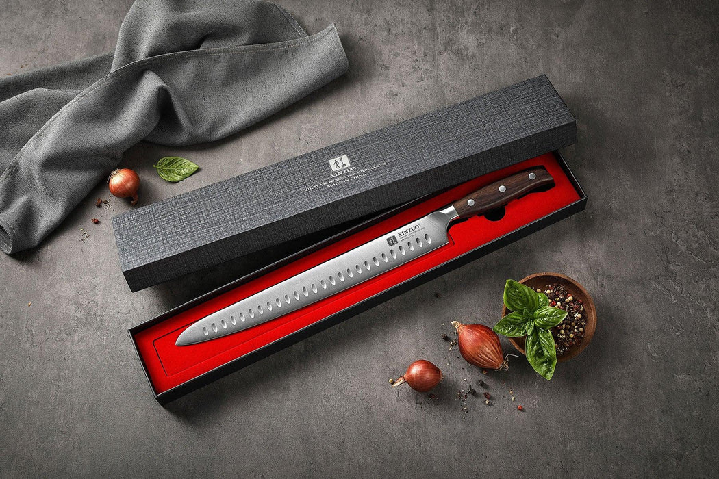 Xinzuo B35 12 inch German Steel Premium Red Sandalwood Handle Kitchen Meat Slicing Granton Carving Knife - The Bamboo Guy
