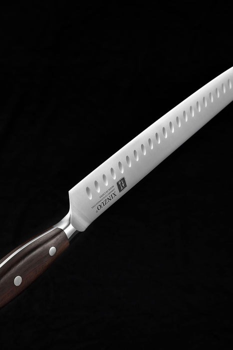 Xinzuo B35 12 inch German Steel Premium Red Sandalwood Handle Kitchen Meat Slicing Granton Carving Knife - The Bamboo Guy
