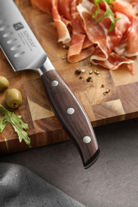 Xinzuo B35 12 inch German Steel Premium Red Sandalwood Handle Kitchen Meat Slicing Granton Carving Knife - The Bamboo Guy