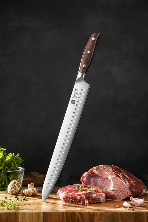 Xinzuo B35 12" Granton German Steel Carving Knife with Meat Carving Red Sandalwood Handle