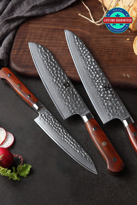 Xinzuo B9 3 Pcs 67 Layer Damascus Steel Knife Set Chef Santoku Utility Knife Rosewood - The Bamboo Guy