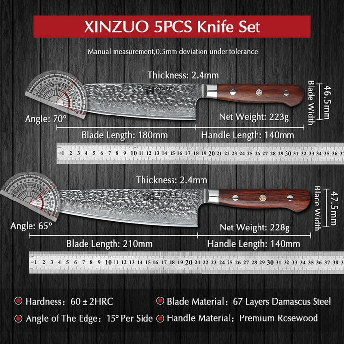 Xinzuo B9 5 Pcs Damascus Chef Knife Set 67 Layer Full Tang Rosewood Handles