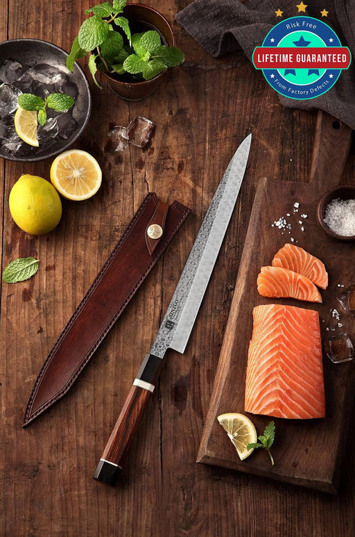 Xinzuo Sashimi Japanese Kitchen Knife 10.62" High Carbon Full Damascus Desert Ironwood Handle