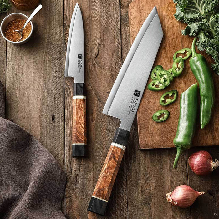 Xinzuo ZDP-189 2 Pcs Composite Steel Chef and Utility Knife Set with Black G10, White Ox Bone, and Padauk Wood Handle